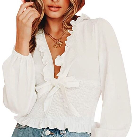 Tops - Chiffon ruffle v neck blouse tie, white
